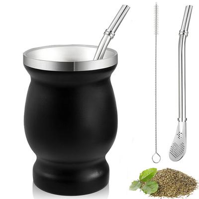 Yerba Mate Cup Set Double Wall Stainless Steel Gourd Shape Cup with Bombilla Teacup Cleaning Brush