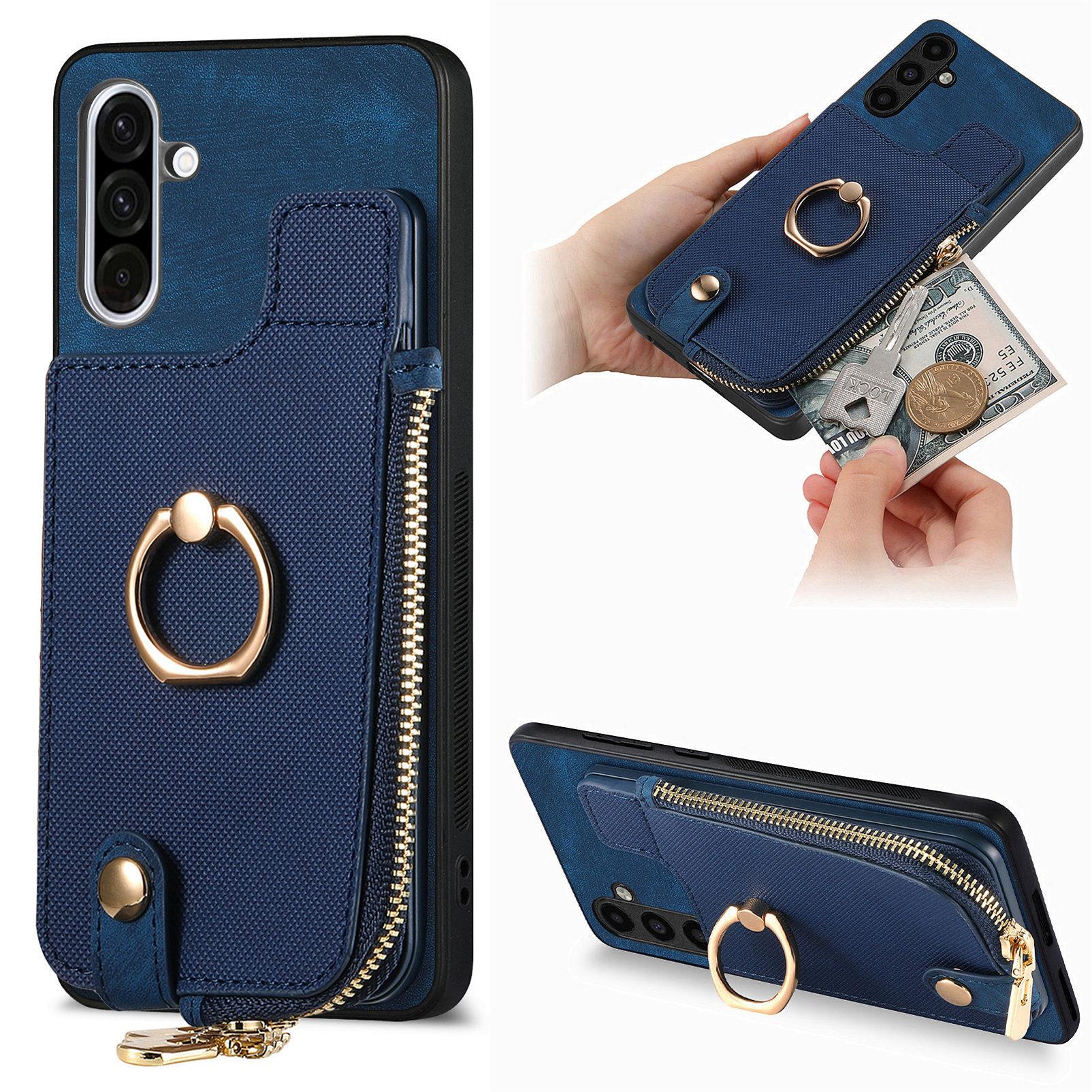 

For Samsung Galaxy A36 5G Leather Phone Back Cover with Zipper Wallet and Ring Kickstand Blue
