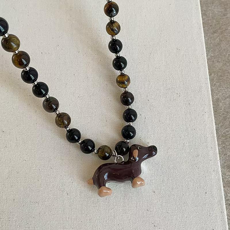 Dachshund Cartoon Pendant Necklace with Tiger Eye Beads - Cute, Elegant, and Versatile Choker for Women