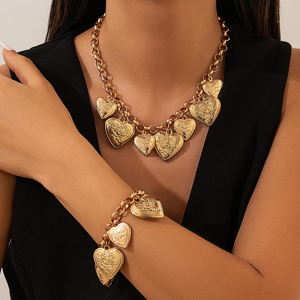 Ingemark Vintage Cuban Curb Metal Chain Necklace Heart Pendant Charm Bracelet for Women Grunge Jewelry Set Steampunk Men Gift