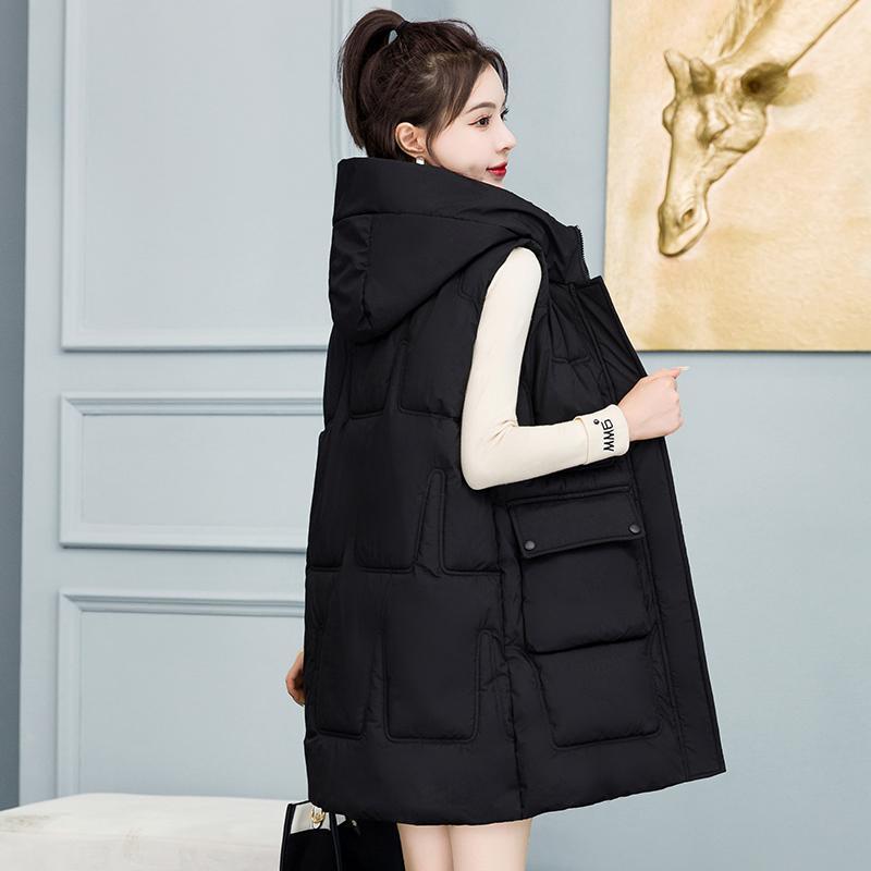 New medium and long cotton jacket down cotton vest autumn and winter women's vest loose hooded big pocket vest jacket