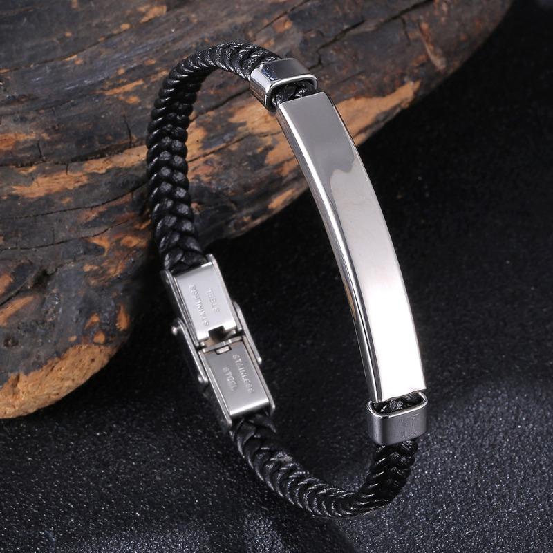 Meier trending european & american diy engraved korean style bracelet - stainless steel & microfiber braided leather bangle