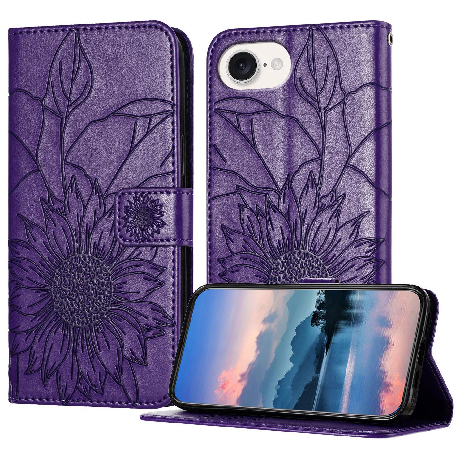 

For iPhone 16e Case Sunflower Imprinted Wallet Stand Folio Flip Leather Cover Dark Purple