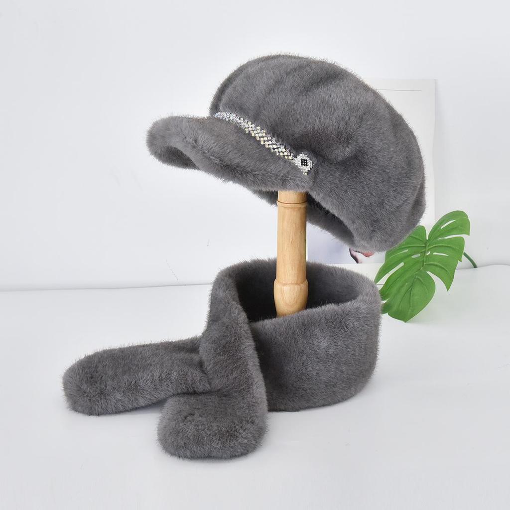 Luxury Faux Mink Fur Beret with Visor for Women, Winter Hat&Scarf Set,Outdoor Peaked Beret with Rhinestone Embellishment