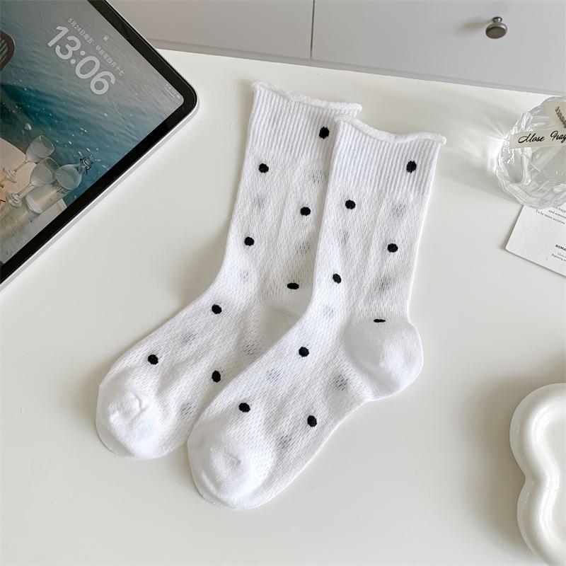 Women's Polka Dot Rolled-up Socks, Women's Mid-calf Socks, Summer Thin Perforated Mesh Breathable Pile Socks for Women