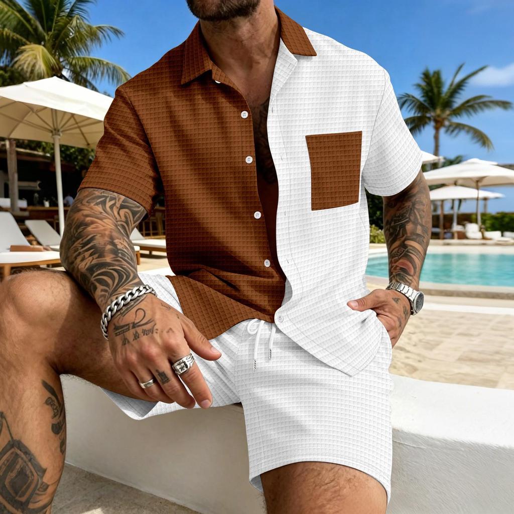 Men's American Summer Plaid Color Block Pocket Shirt & Shorts Casual Set