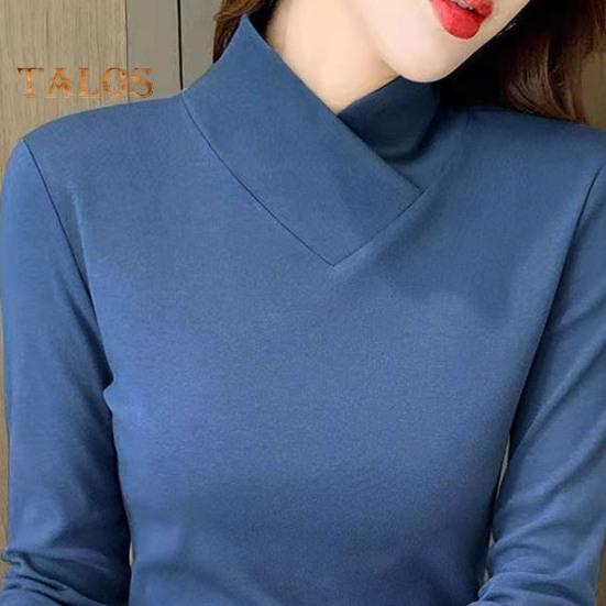 Damen-Oberteile, halbhoher Kragen, lange Ärmel, schmale Passform, weiche, dehnbare Pullover-Oberteile, einfarbiges Hemd mit einzigartigem Ausschnitt