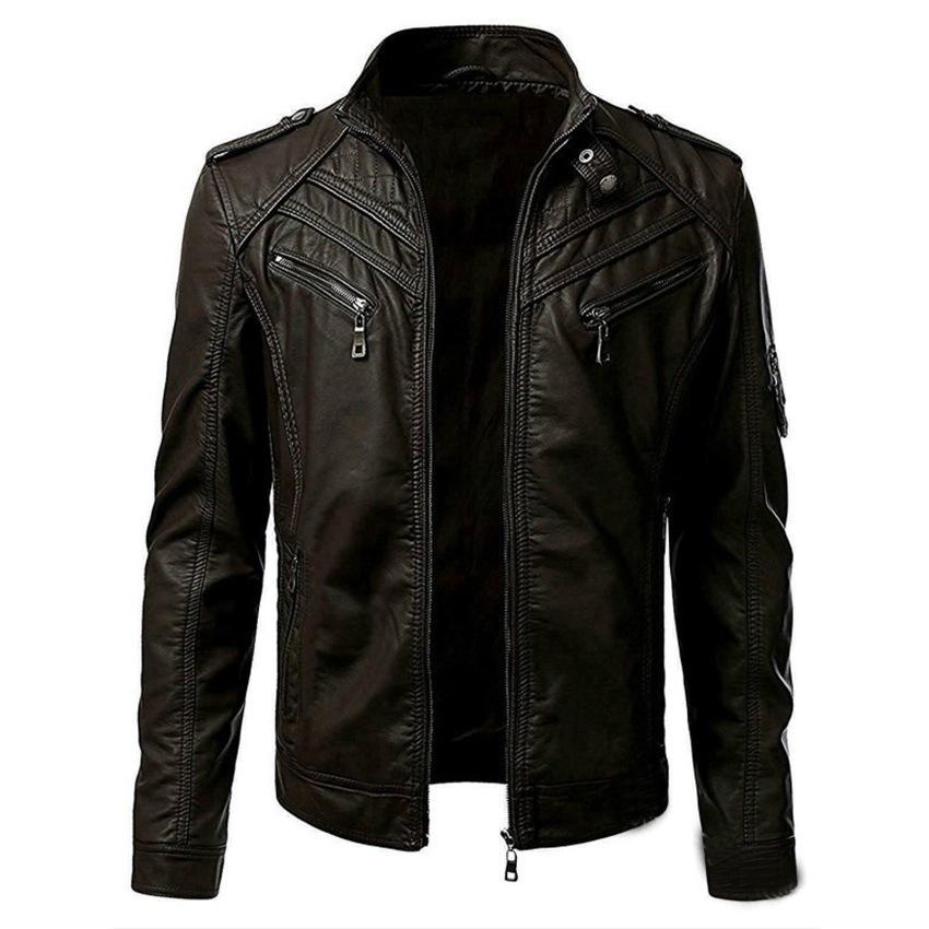 2023 European & American Stand-Up Collar Men's Punk Motorcycle Leather Jacket