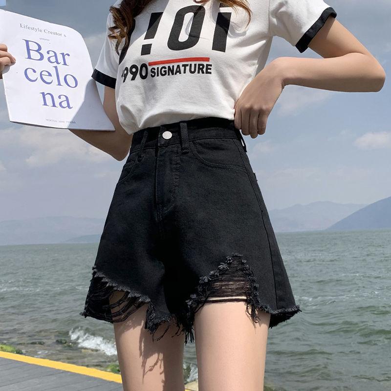

Pants Classic and Minimalist Fashion Versatile White Holes Female Spring and Summer High-waisted Wide-leg Thin Abraded Burlap A Word Denim Shorts 5XL чёрный