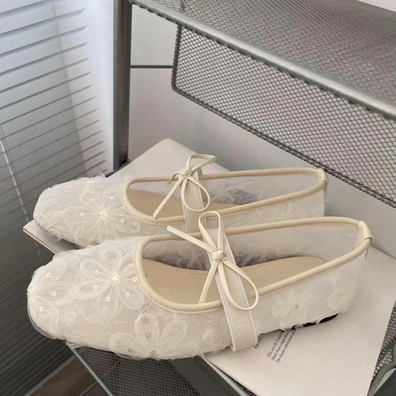 Fashion Square Toe Lace Mesh Bow Mary Jane Shoes Women's Summer New Breathable Slip Strap Soft Sole Non-Slip Flat Single Shoes