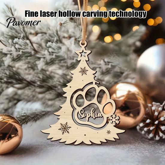 Rustic Christmas Decor for Home Wood Tree Pendant with Paw Print, Hollow Engraved Hanging Creative Wooden Pet Pendants Ornament, Style Craft