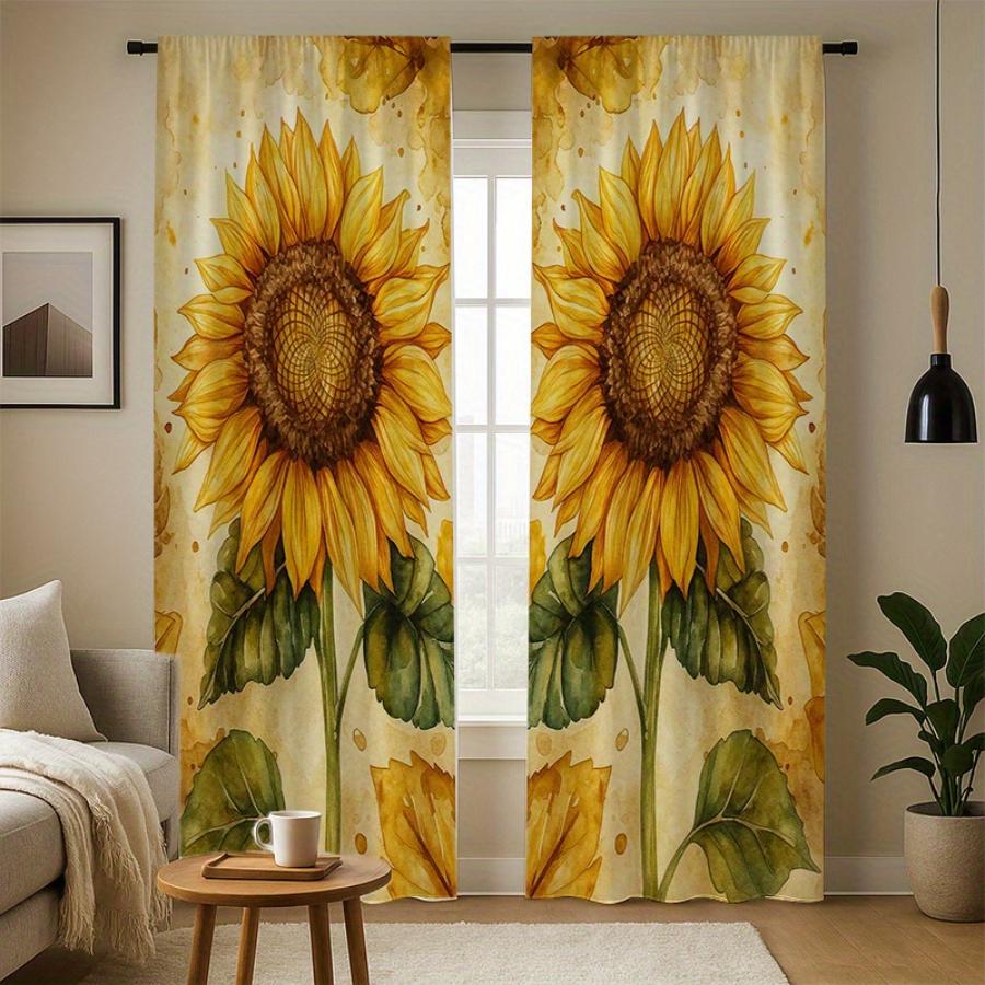 2PCS Digital Printed Curtains, Watercolor Sunflower Artistic Floral Painting, Window Drapes for Living Room Bedroom Home Decor