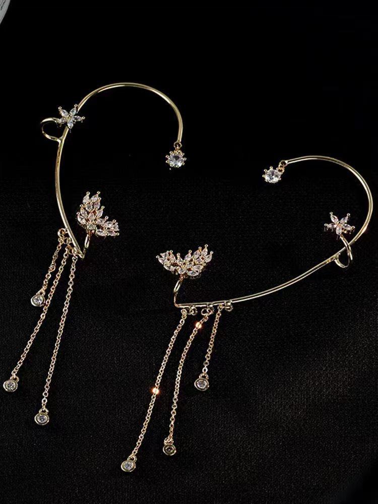 High-End Rhinestone Butterfly & Star Tassel Ear Cuff with Zirconia - No Piercing Required