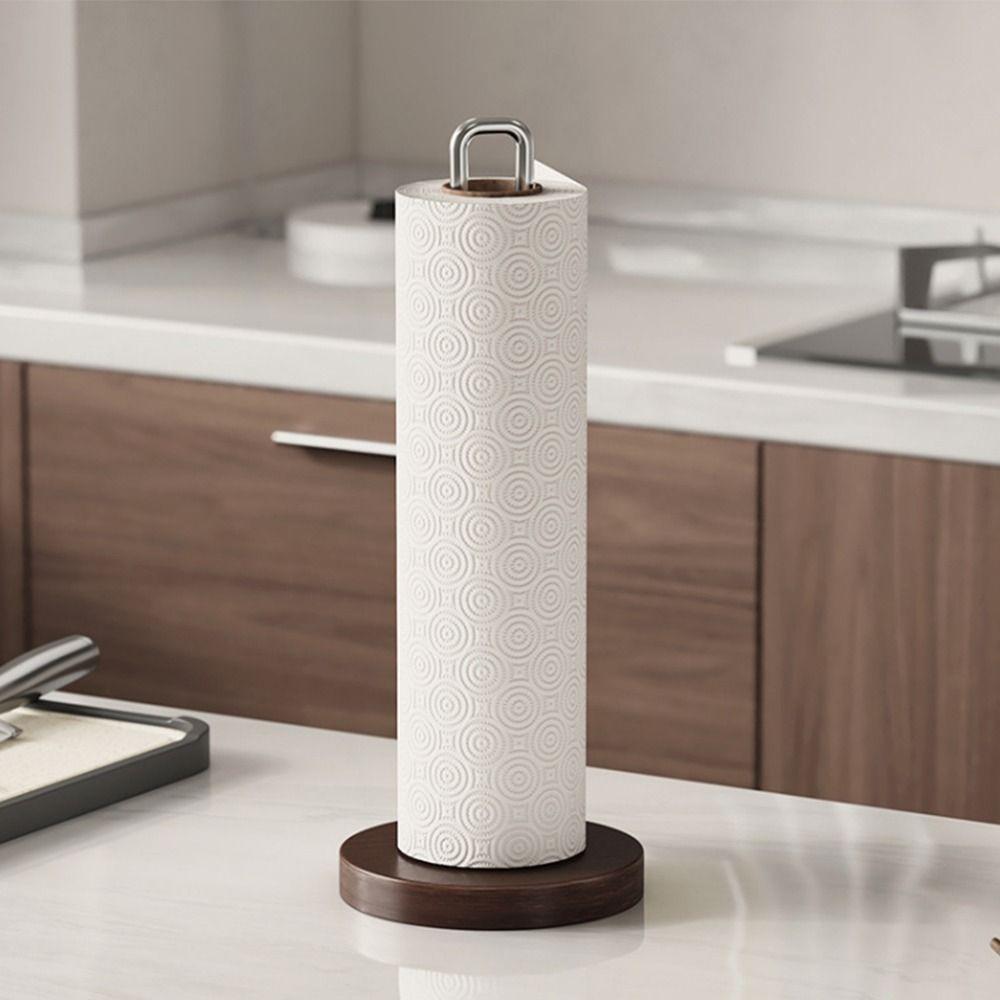 Stainless Steel Paper Towel Stand Wooden Base One-Handed Tear Paper Towel Rack Durable Non-Slip Wood Paper Towel Holder Kitchen
