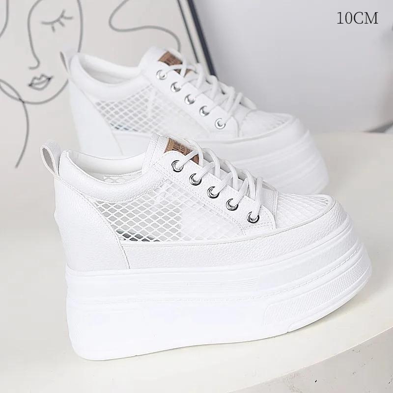 10CM 12CM Air Mesh Leather Breathable Pumps Summer Fashion Chunky Sneaker Heels Sandals Platform Wedge Hollow Shoes