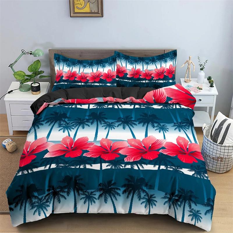 Tropical Coconut Palm Tree Duvet Cover King Queen Size Hawaii Sunset Bedding Set 3pcs Polyester Quilt Cover