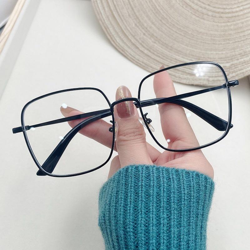 Anti-blue Light Glasses Radiation Flat Plain Large Square Metal Frame Diny Diamonds Eyeglasses Replaceable for Girl and Women