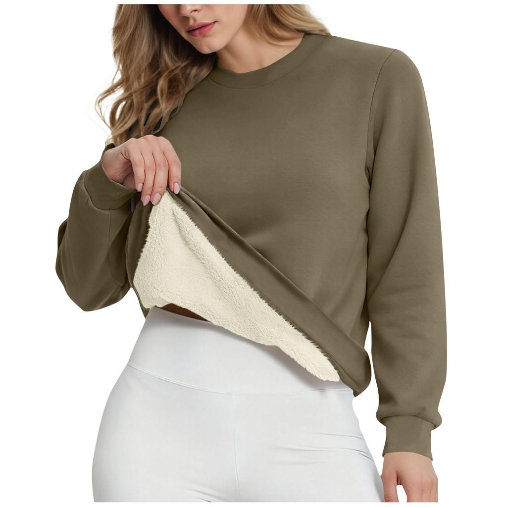 Women's Casual Fashion RoundNeck Pullover Top Winter Solid Color Plush Sweatshirt