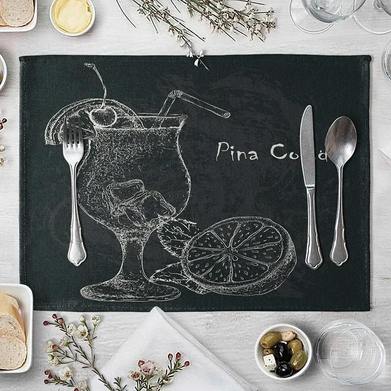6PC Black Table Mat Fruit Drink Pattern Kitchen Placemat  Creative Dining Coaster Linen Pads Bowl Cup 6PC 30x45CM