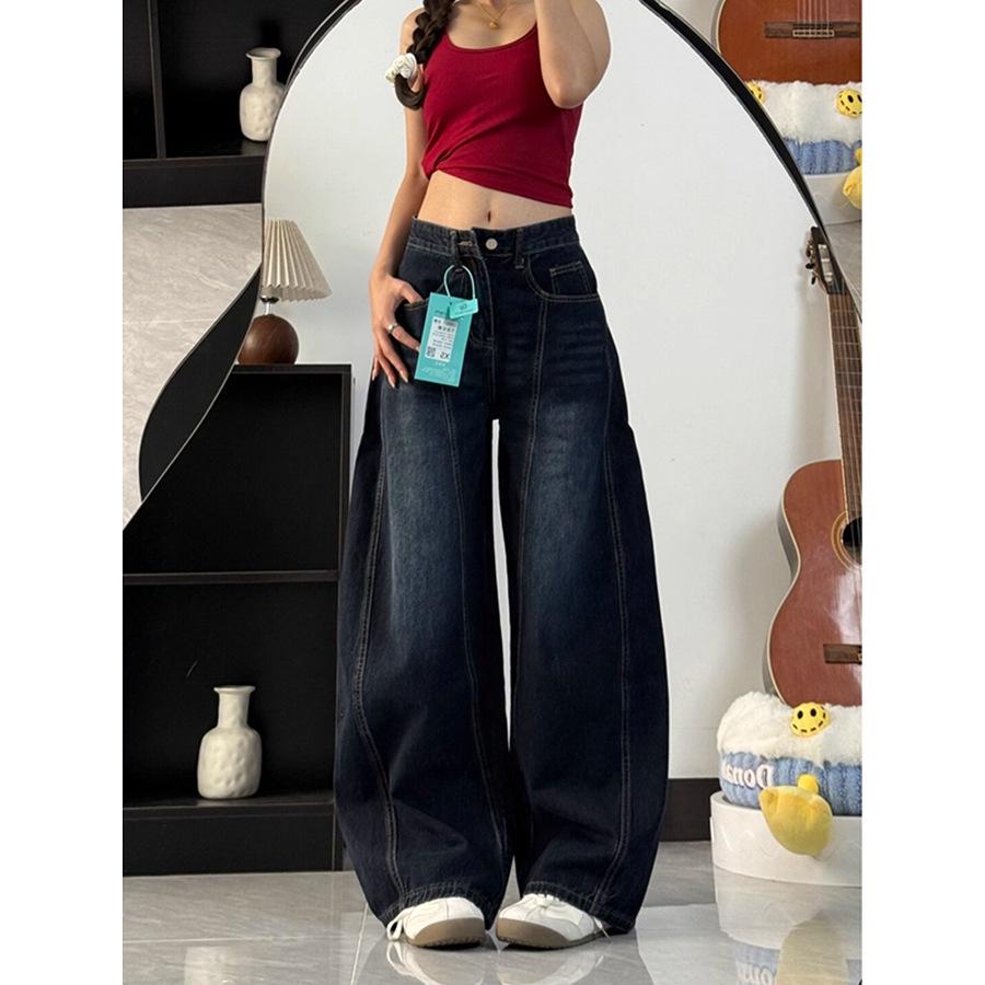 Women s Distressed Embroidered Wide-Leg Jeans - High Waist, Curved Leg, Autumn Collection Large темно-синий