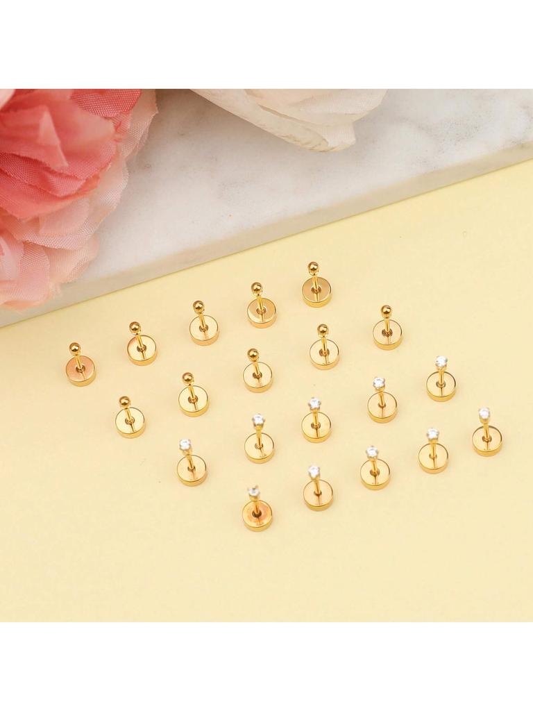 10 Pair 2mm Tiny Gold Flat Back Stud Earrings for Women Men Hypoallergenic Surgical Steel CZ Ball Small Stud Earrings Set