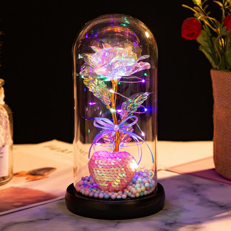 Love glass cover gold leaf flower ornament, Christmas and Valentine's Day creative gift, luminous simulated rose bouquet
