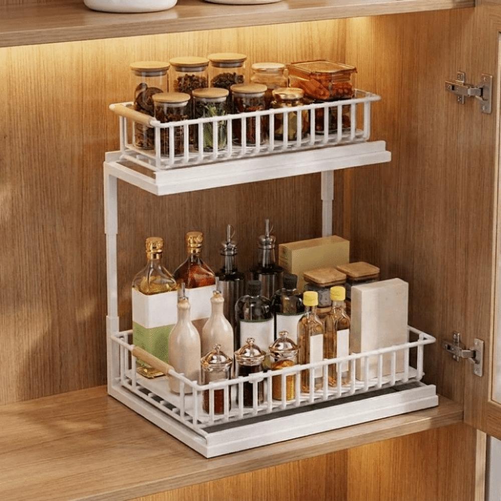 Carbon Steel 2-Tier Under Sink Organizer Rustproof Slide Out Cabinet Storage Shelf for Kitchen