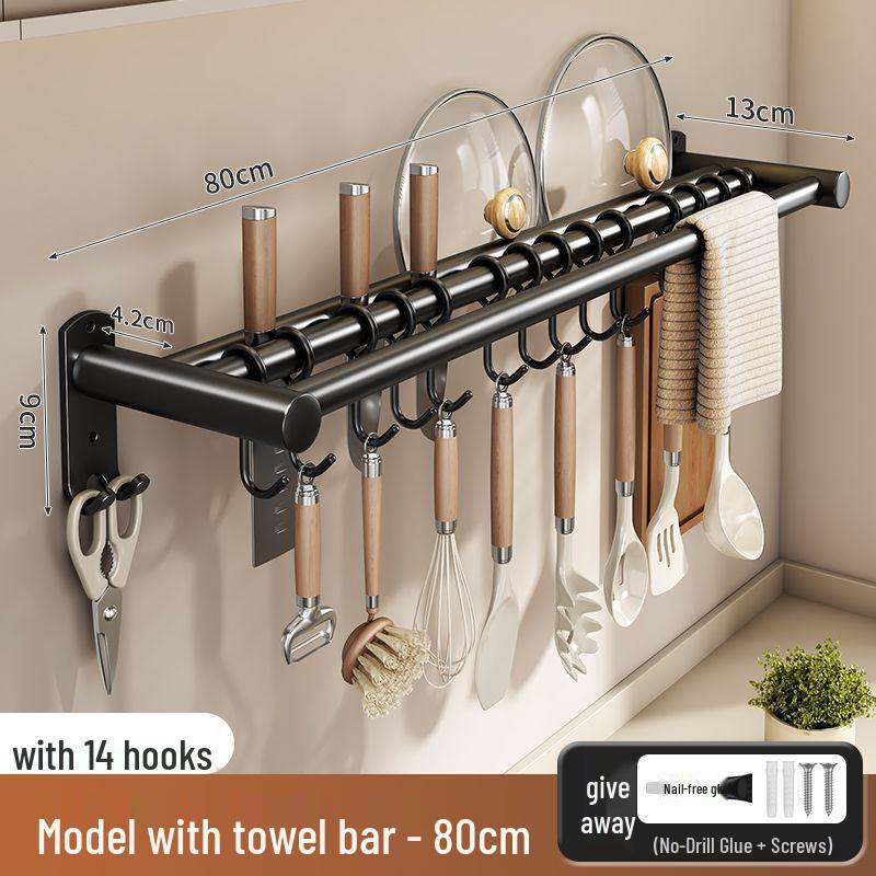 Stainless Steel Wall-Mounted Kitchen Hook & Pot Lid Rack with Knife Holder.