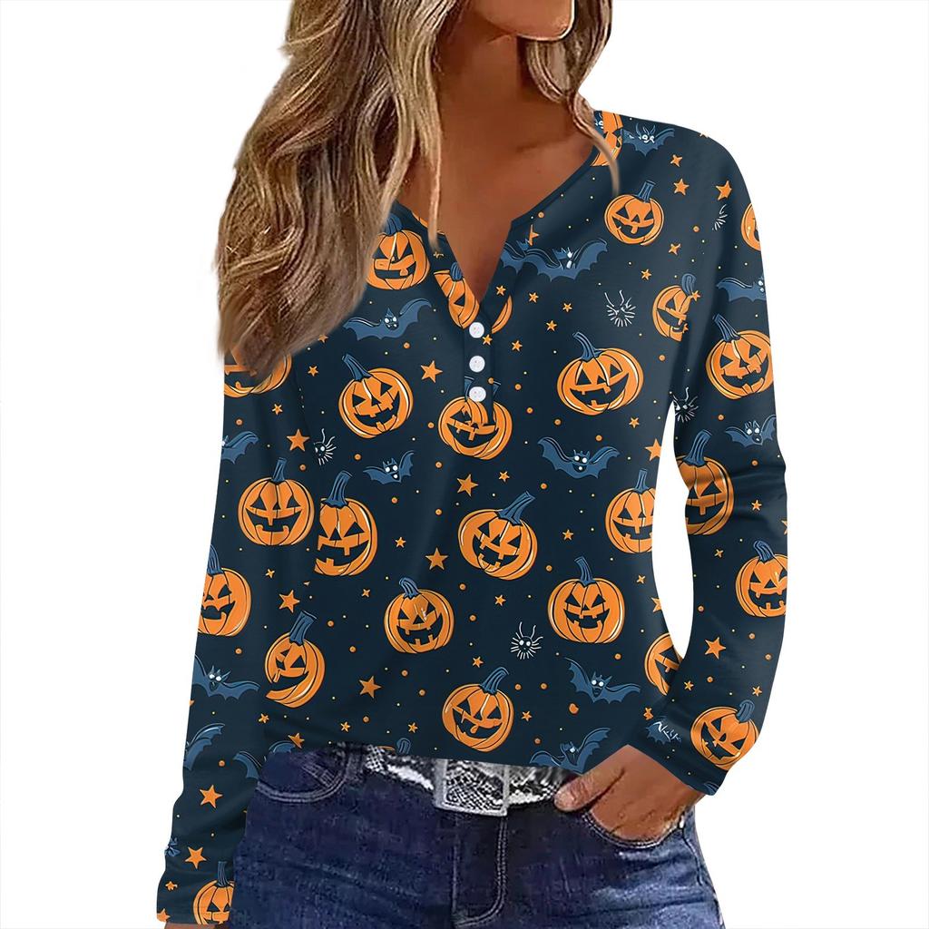 Women's T Shirt Tee HAlloween Print Button Long Sleeve Daily Weekend Fashion Basic V- Neck Regular Top