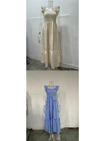 European American Women's Retro Plaid Sleeveless Maxi Dress with Thin Straps & Ruffles