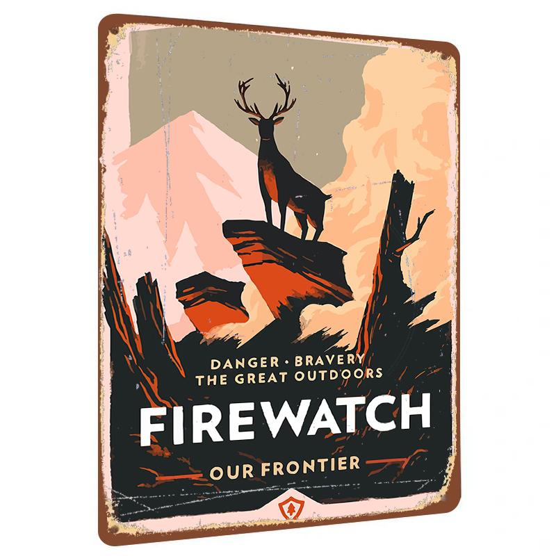 

Fire Watch Vintage Metal Sign Deer Mountain Landscape Rustic Wall Art for Home Decor 20x30cm（7.8x11.8inch）
