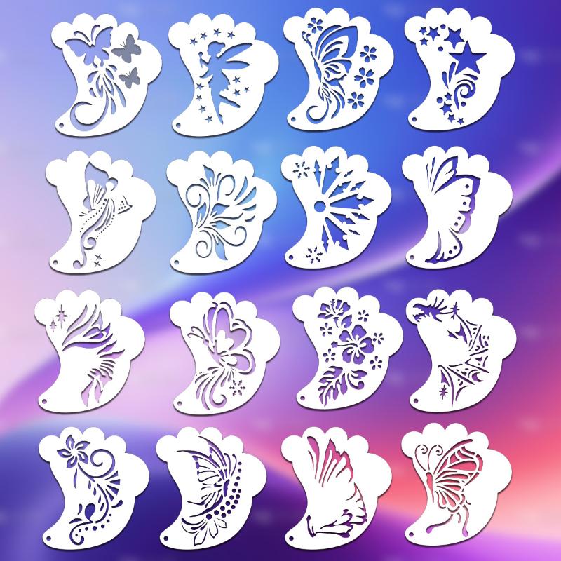 16Pcs Face Painting Tattoo Stencil Set Reusable Hollowed Body Art Paint Stencils Diy Eyebrow Templates Hand Drawn Spray Painting