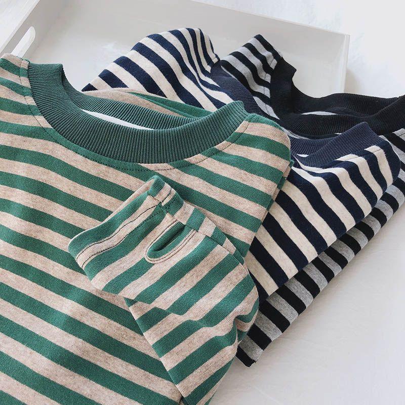 

Thick Striped Long Sleeve Loose Slimming round Neck T-shirt Navy XL