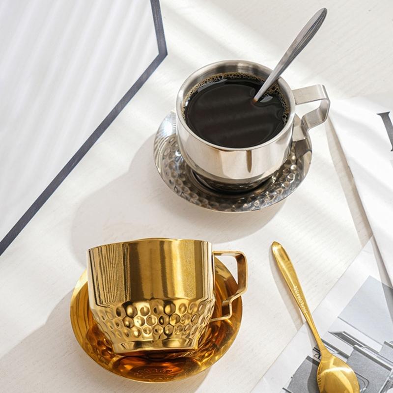 Stainless Steels Insulated Coffee Cups with Spoon and Saucer Double Walled Coffee Mugs Drinking Cups Drinkware Enduring