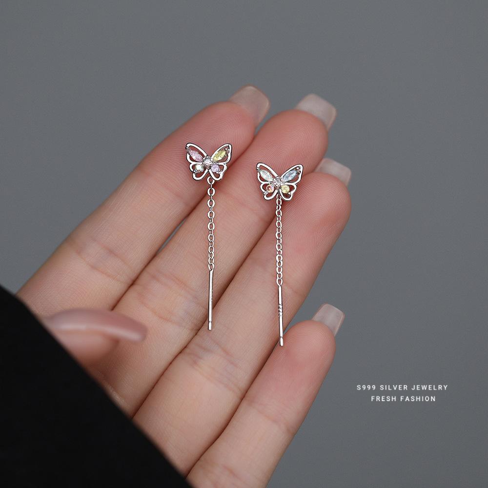 

925 Sterling Silver Hollowed Colorful Zircon Butterfly Tassel Earrings for Women Fashionable Sweet Wedding Party Jewelry серебряный