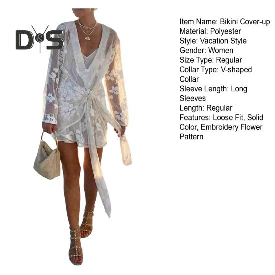 Women Bikini Cover-up V-Neck Long Sleeve See-through Embroidery Flower Pattern Lace-Up Detail Swimwear Cover-up