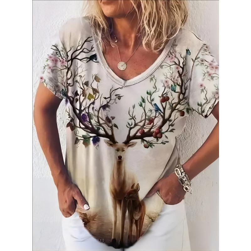 Nadměrné tričko Plus Size pro ženy: 3D rozkošná kočka, výstřih do V, letní módní streetwear, prodyšné, ležérní