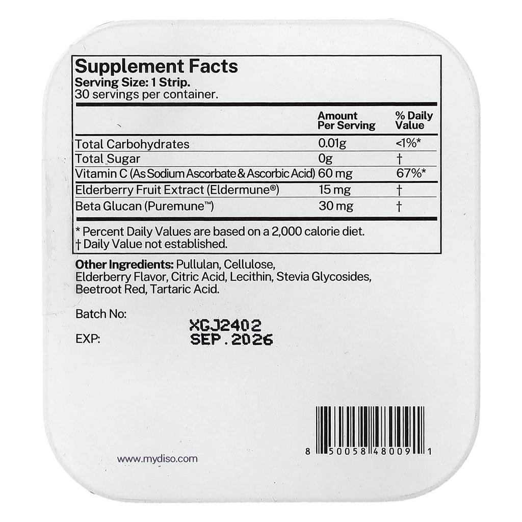 Diso, Vitamin C, Elderberry, Oral Strips, 30 Count