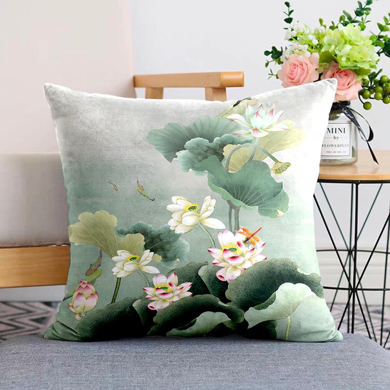 New Chinese Style Pillow Cushion Chinese Style Pillow Case Sofa Living Room Beige Lotus Zen Plush Back Pillow Case