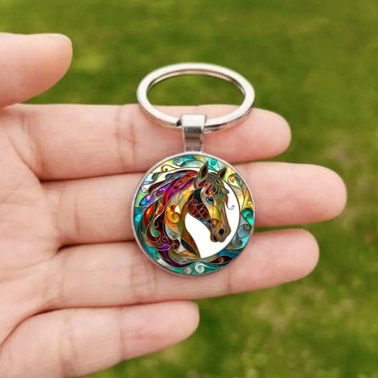 2 Stück Schlüsselanhänger 2D Flach Bunt Pferdemuster Metall Schlüsselring Rostbeständig Helle Oberfläche Dekorativ