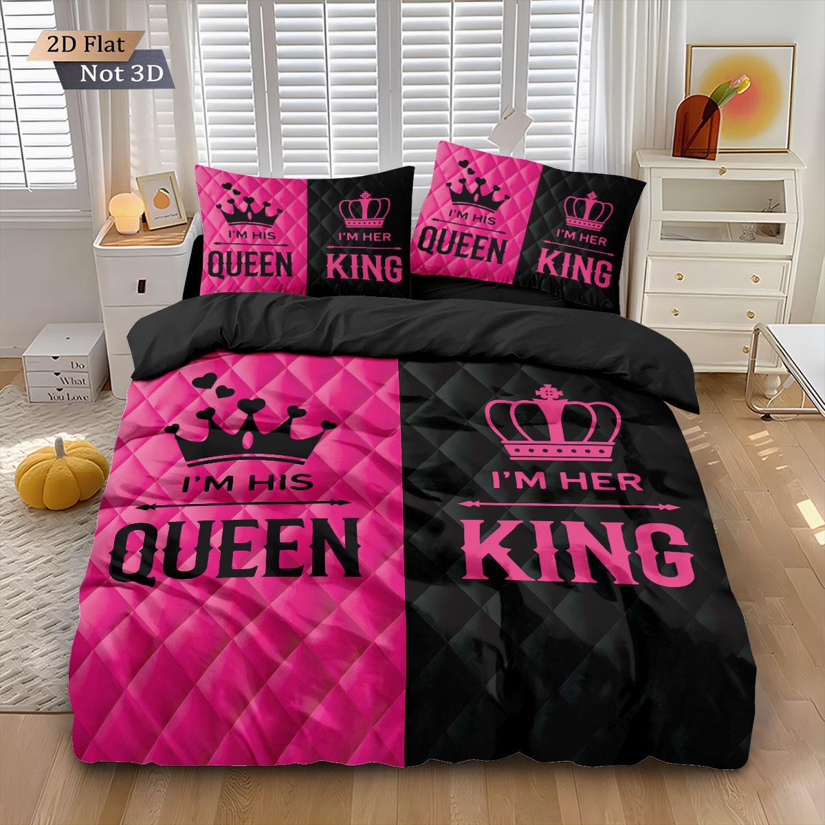 

3 шт. Контрастный красно-черный принт Король Королева Комплект пододеяльника Разные размеры Спальня Общежитие Кровать, Праздничное украшение, Машинная стирка 135x200cm