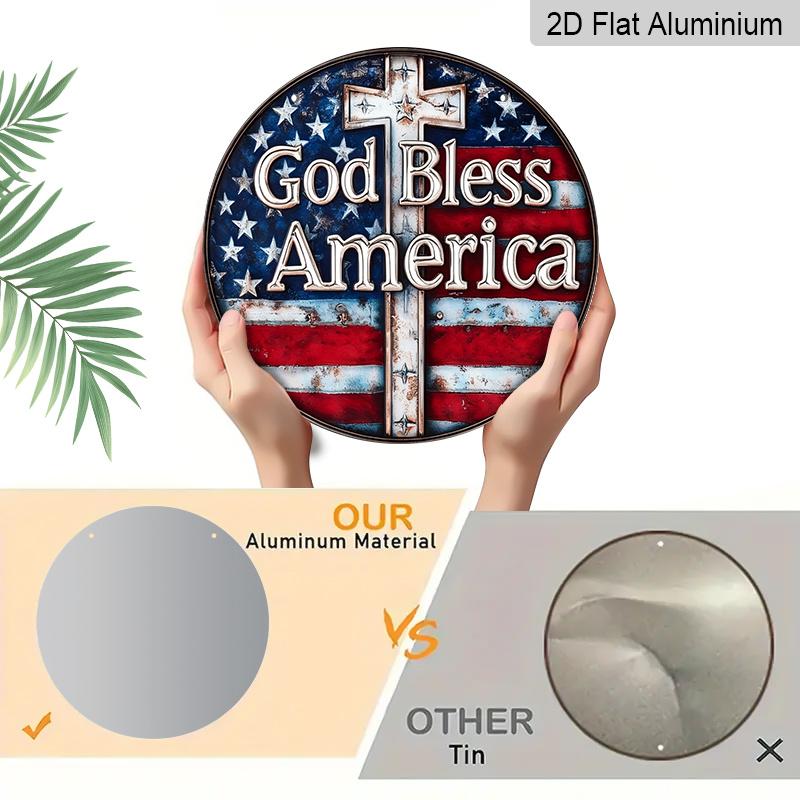 2D Flat, 1pc Vintage "God Bless America" Patriotic Metal Sign with US Flag & Cross Wall Decor, Ideal for Home, Office, for Man Cave, Veterans Day