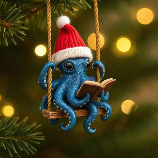 Yousheng Octopus Reading Ornament Blue Octopus Reading Swing Ornament Sea Creature Christmas Tree Hanging Decor Squid Art Collection Gifts for Ocean