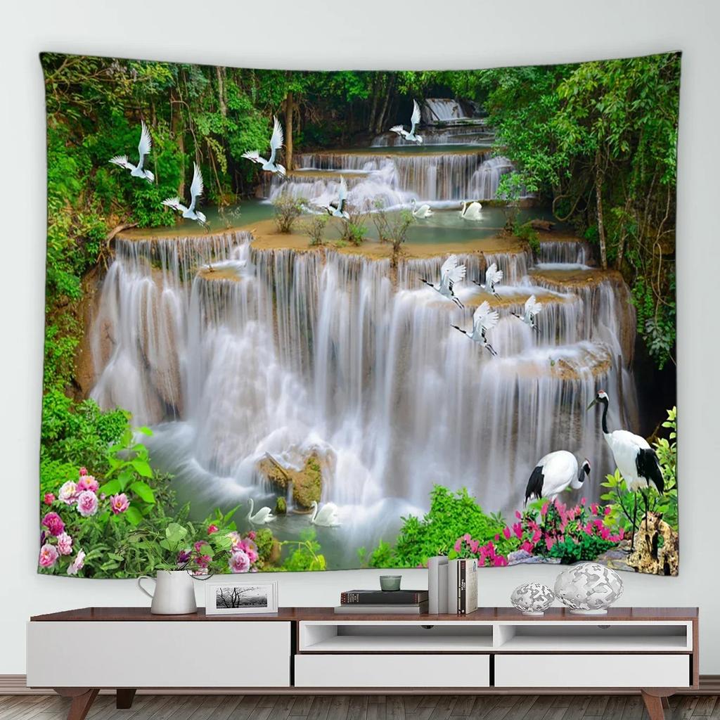 Home Decor Wall Hanging Tropical Garden Landscape Tapestry Waterfall Flower Tree Vintage Brick Vine Plant Park Natural Scenery