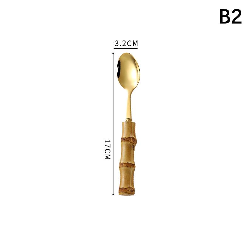 Long Handle Serving Spoon Fork Stainless Steel Gold Silver Bamboo Wooden Salad Spork Dessert Salad Spoon Tableware Set Kitchen