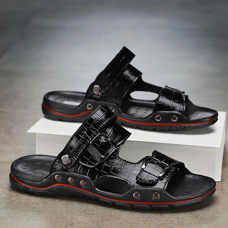 

Мужские сандалии, черные кожаные тапочки, летние римские сандалии, пляжная обувь, большие размеры EU:45 чёрный