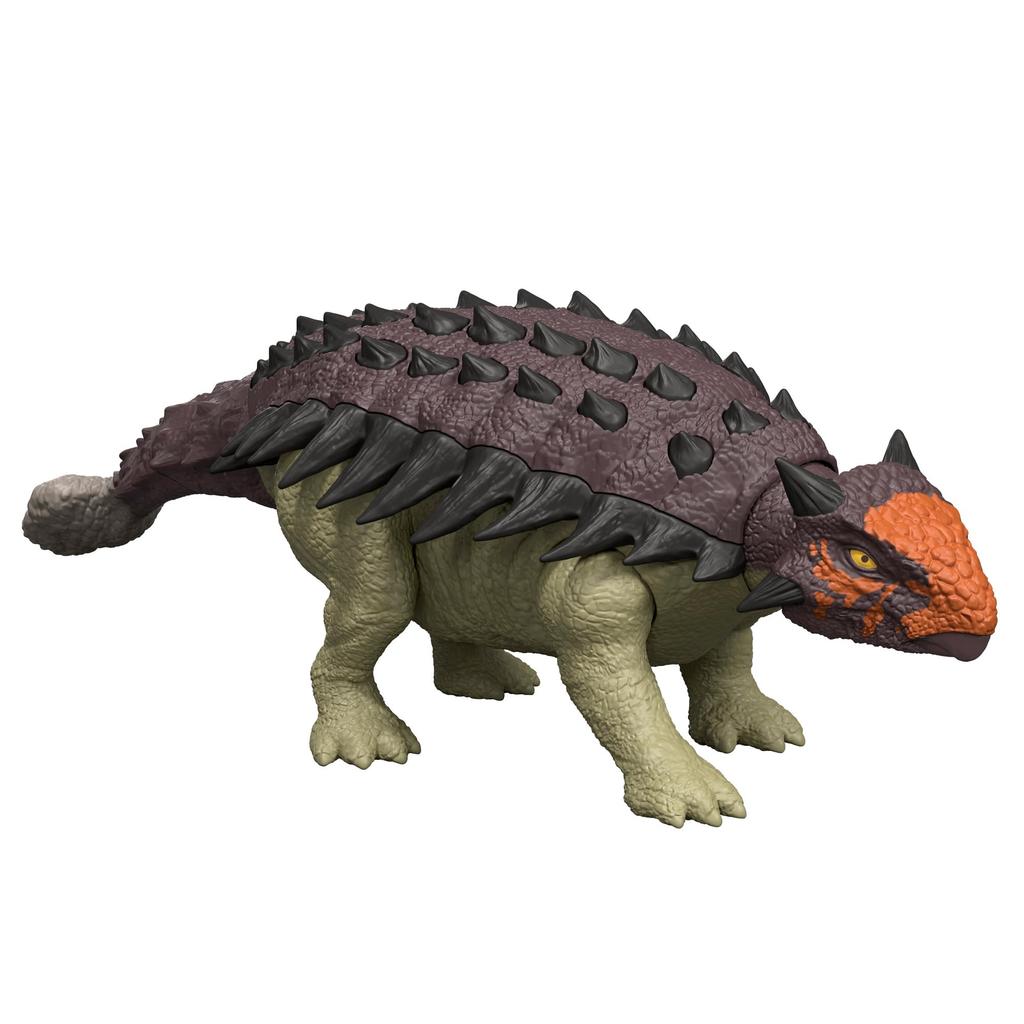 Mattel Jurassic World Roaring Ankylosaurus Action Dinosaur Ages 4 and JGB90 Figure, Kids' Toy, Length Approx. 25.5cm, Up, Brown,