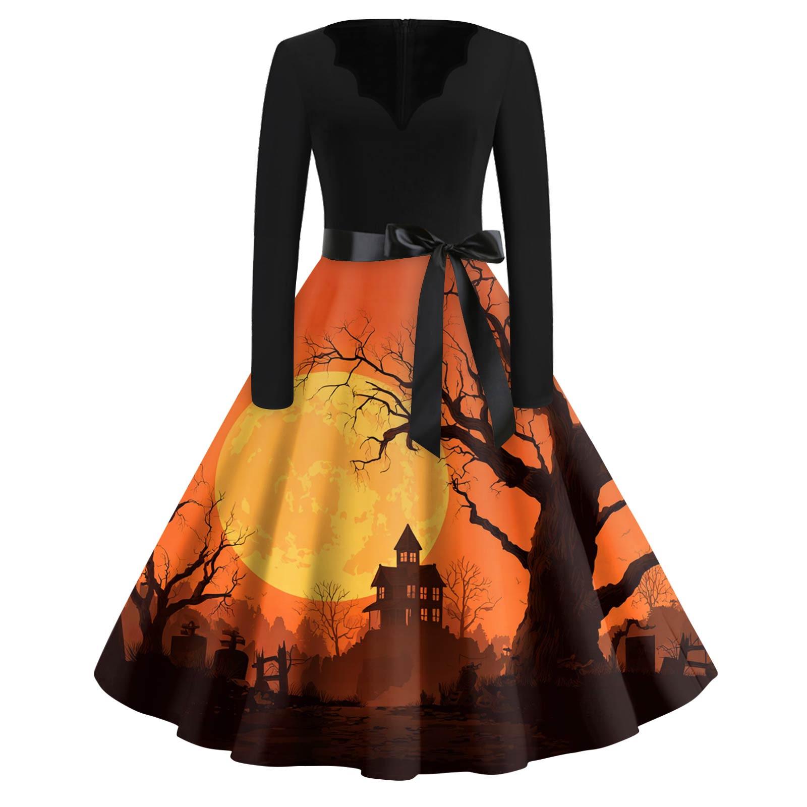 

Женская мода с v-образным вырезом, повседневные тонкие платья с длинными рукавами и принтом на Хэллоуин XXXL оранжевый