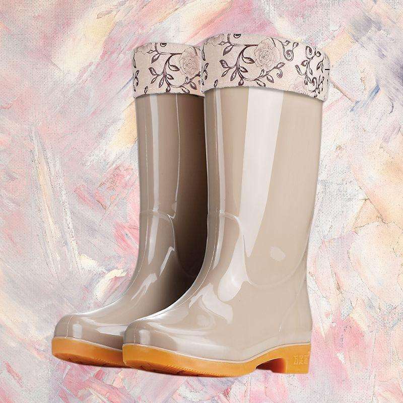 Hohe rutschfeste Samt-Baumwoll-Regenschuhe Regenstiefel wasserdichte Schuhe Eimer-Gummischuhe Überschuhe Wasserstiefel Damen Erwachsene Küche warm im Winter