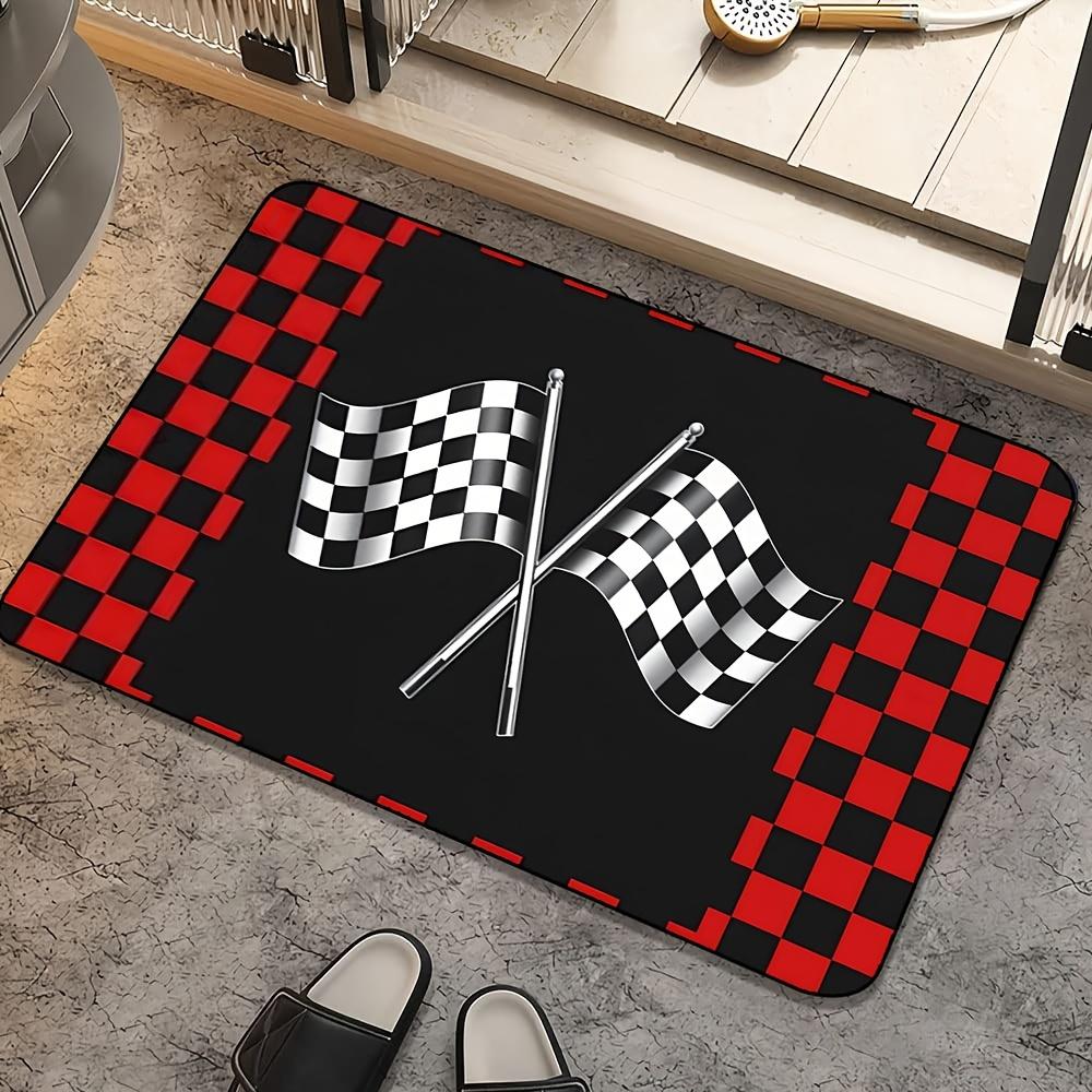 Racing Flag Checkered Red Geometric Mat, Non-Slip Machine Washable Fade-Resistant Rug for Multi-Room Farmhouse Decor